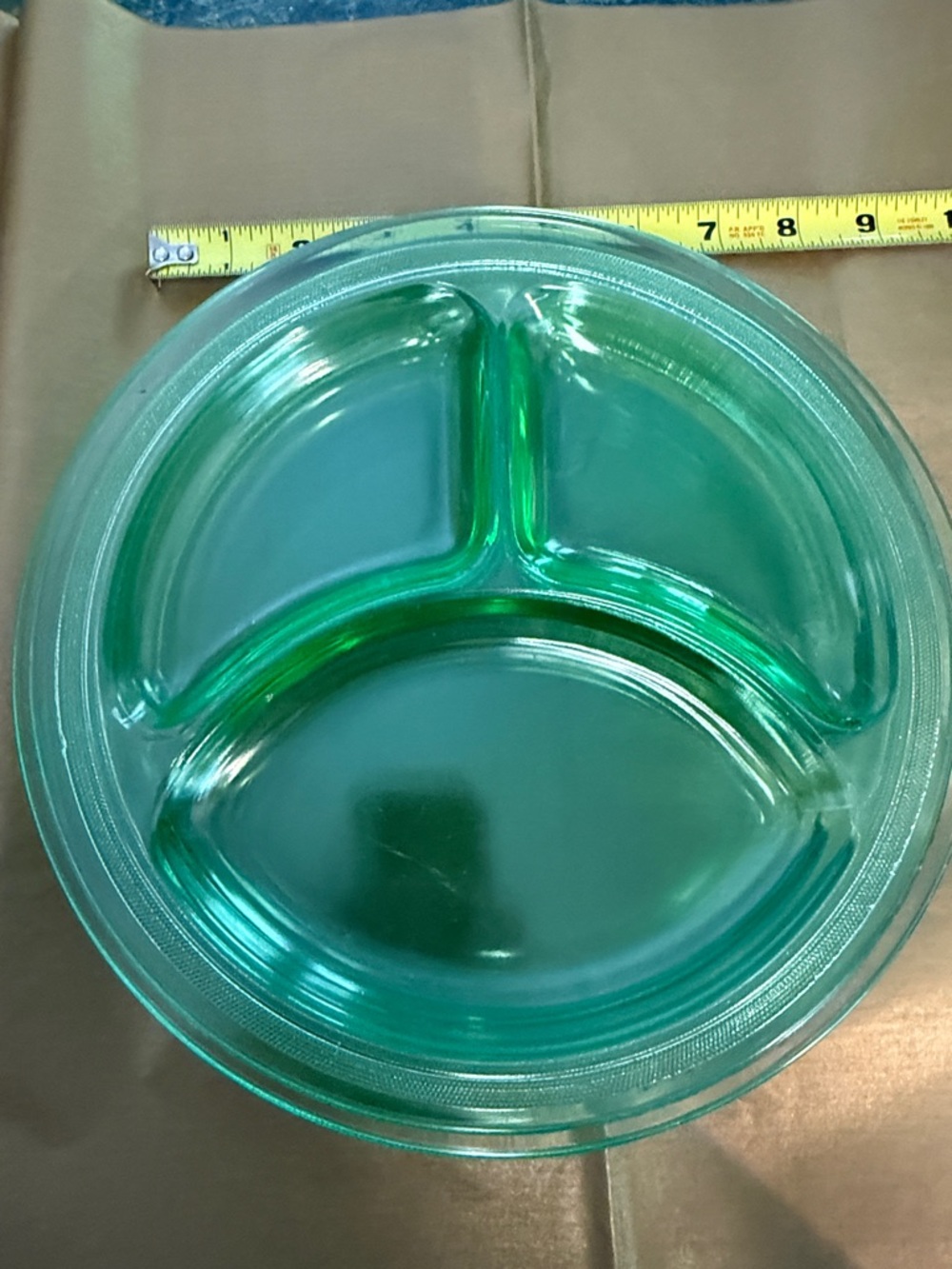 Divided Chop Plate Depression Glass Green Vaseline 9" set of 4